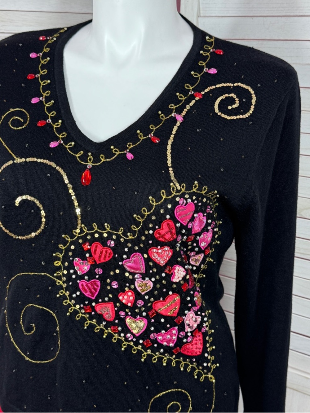 Vintage 90s Jack B Quick Embroidered Beaded Heart Cottagecore Sweater Black XL - Picture 5 of 11